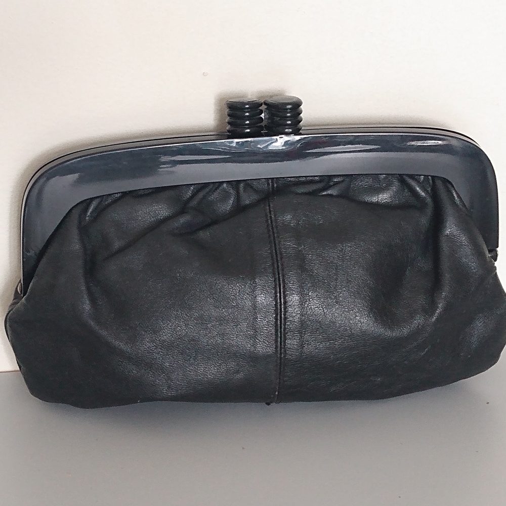 Eaton's Vintage 80s Black Leather Clutch with Plastic Frame